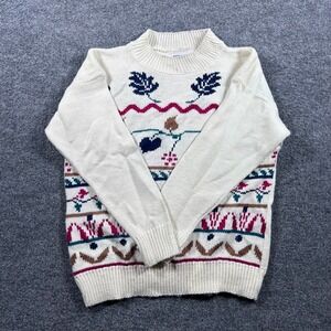 Seasons Sweater Womens Size Medium Cream Knit Leaf Pattern USA Vintage Crewneck
